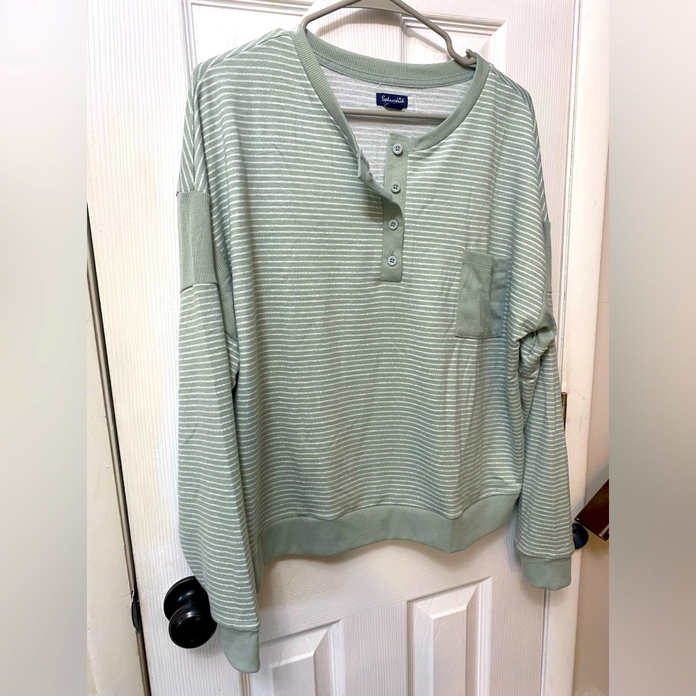 Splendid Sage Green Striped Knit Henley Top, Large